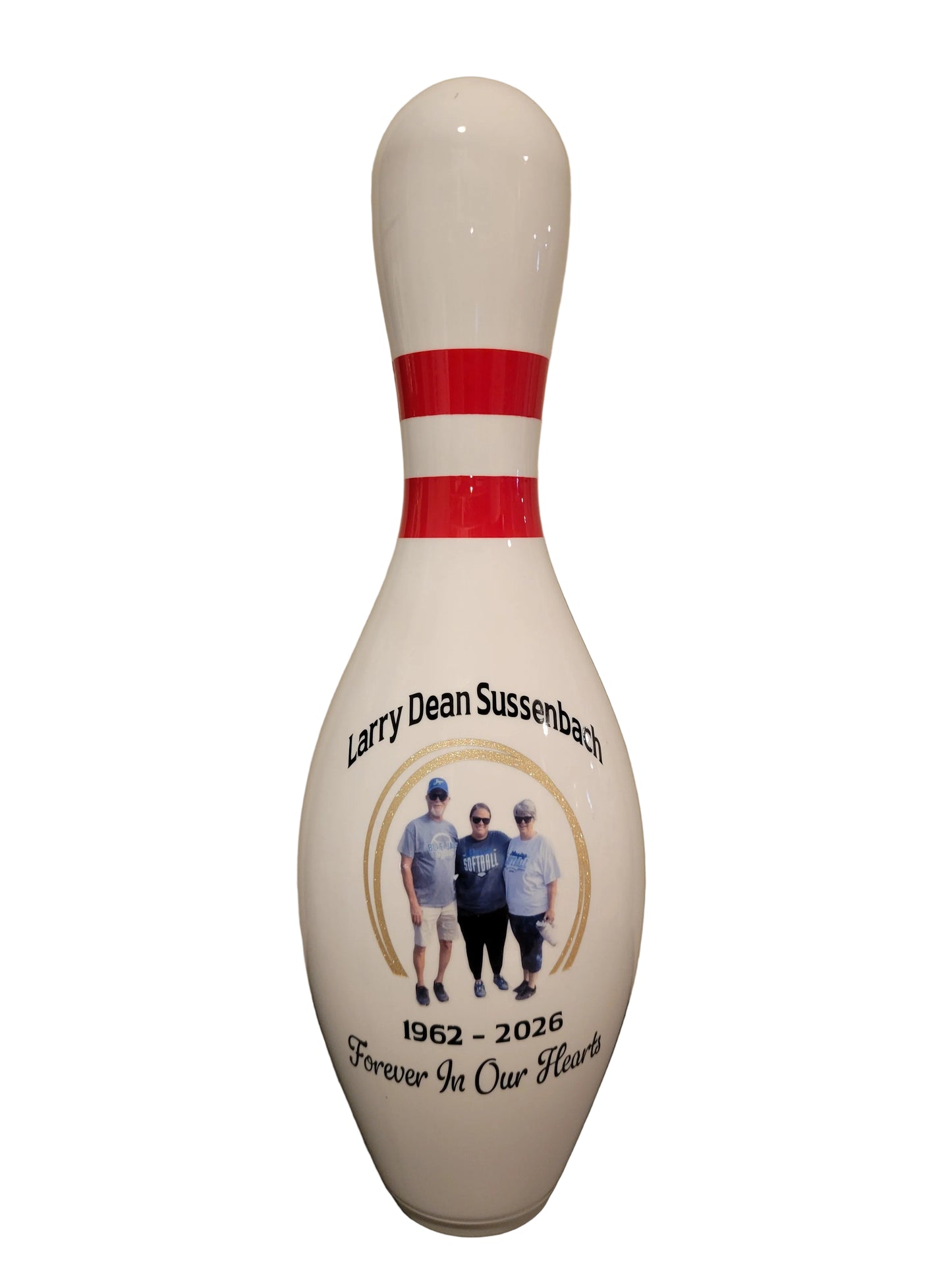 A custom memorial bowling pin. 