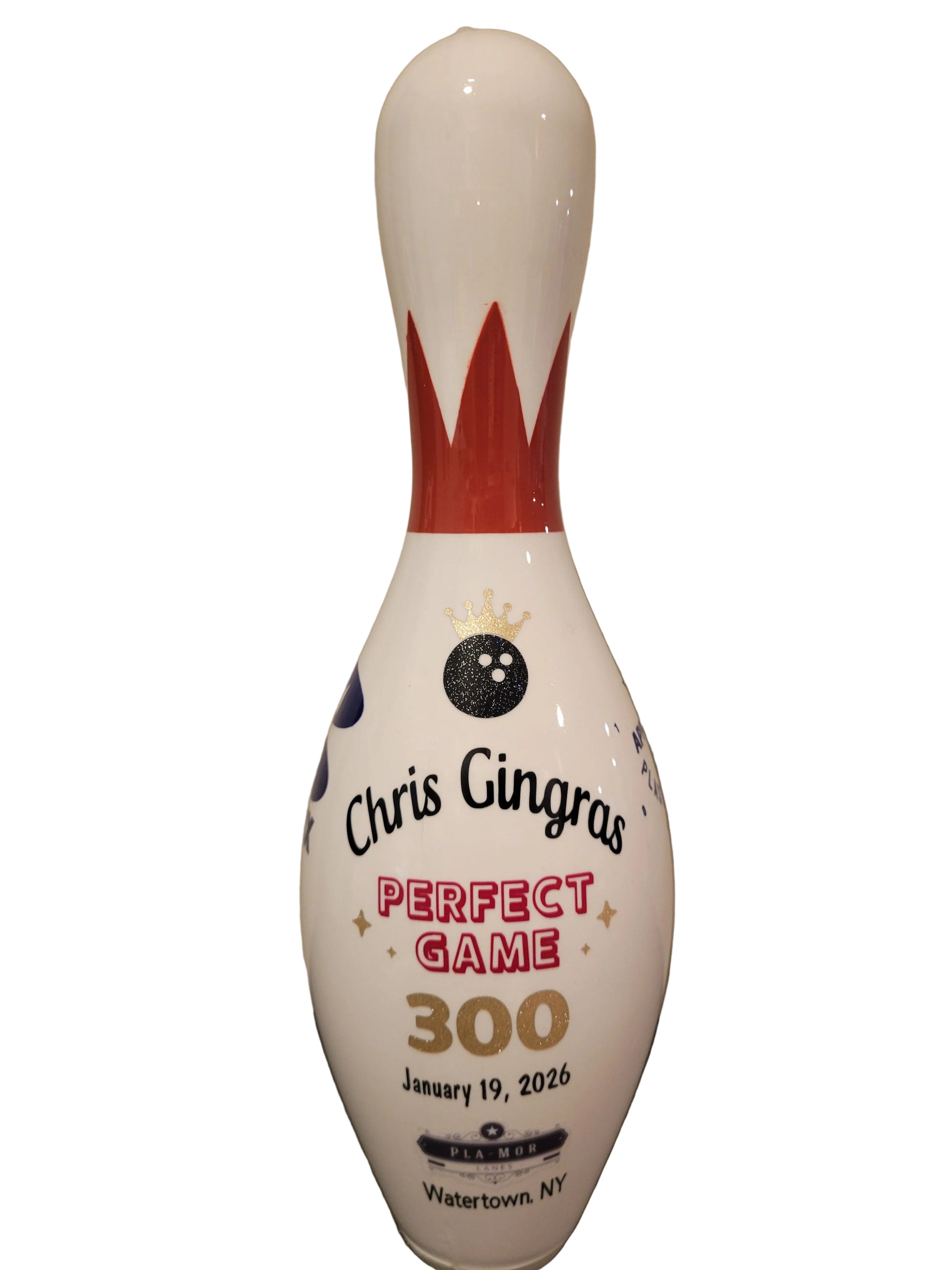 Perfect game bowling trophy with name and bowling alley