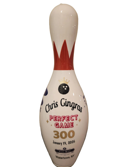 Perfect game bowling trophy with name and bowling alley