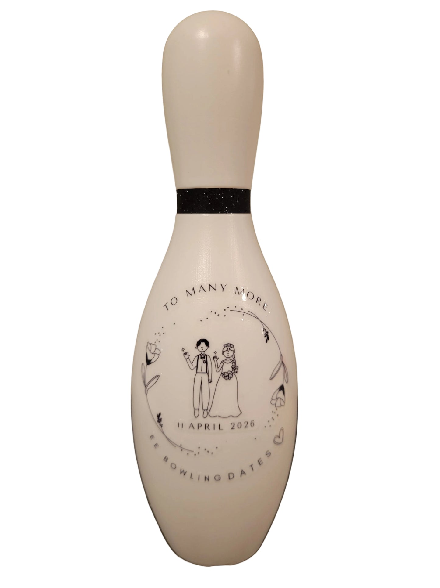 Personalized wedding bowling pin keepsake with names and wedding date