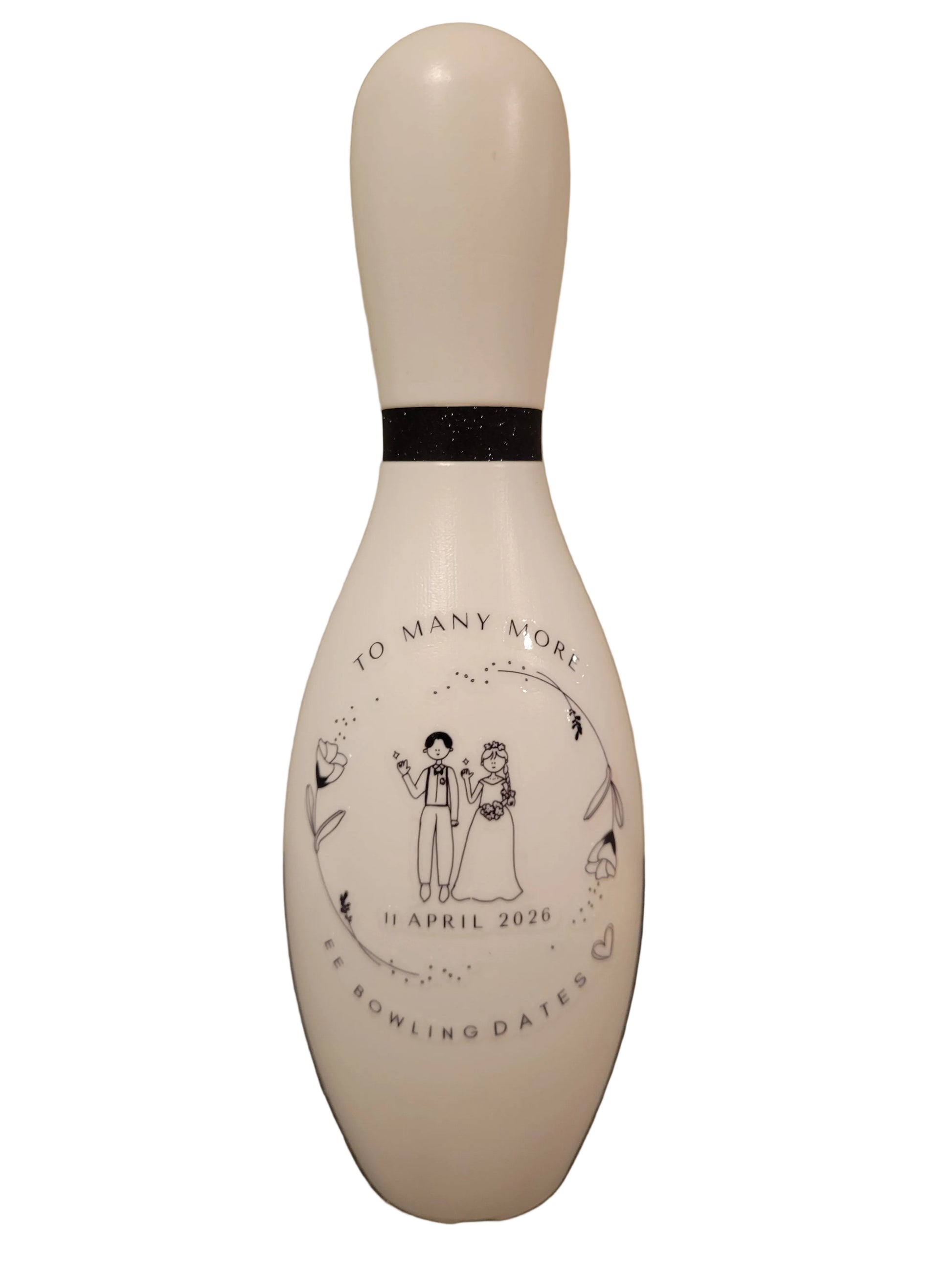 Personalized wedding bowling pin keepsake with names and wedding date