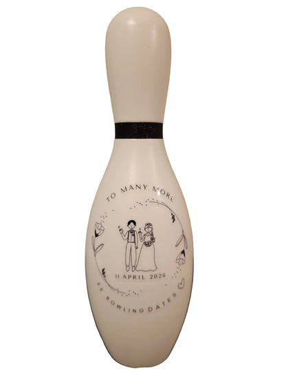 Personalized wedding bowling pin keepsake with names and wedding date