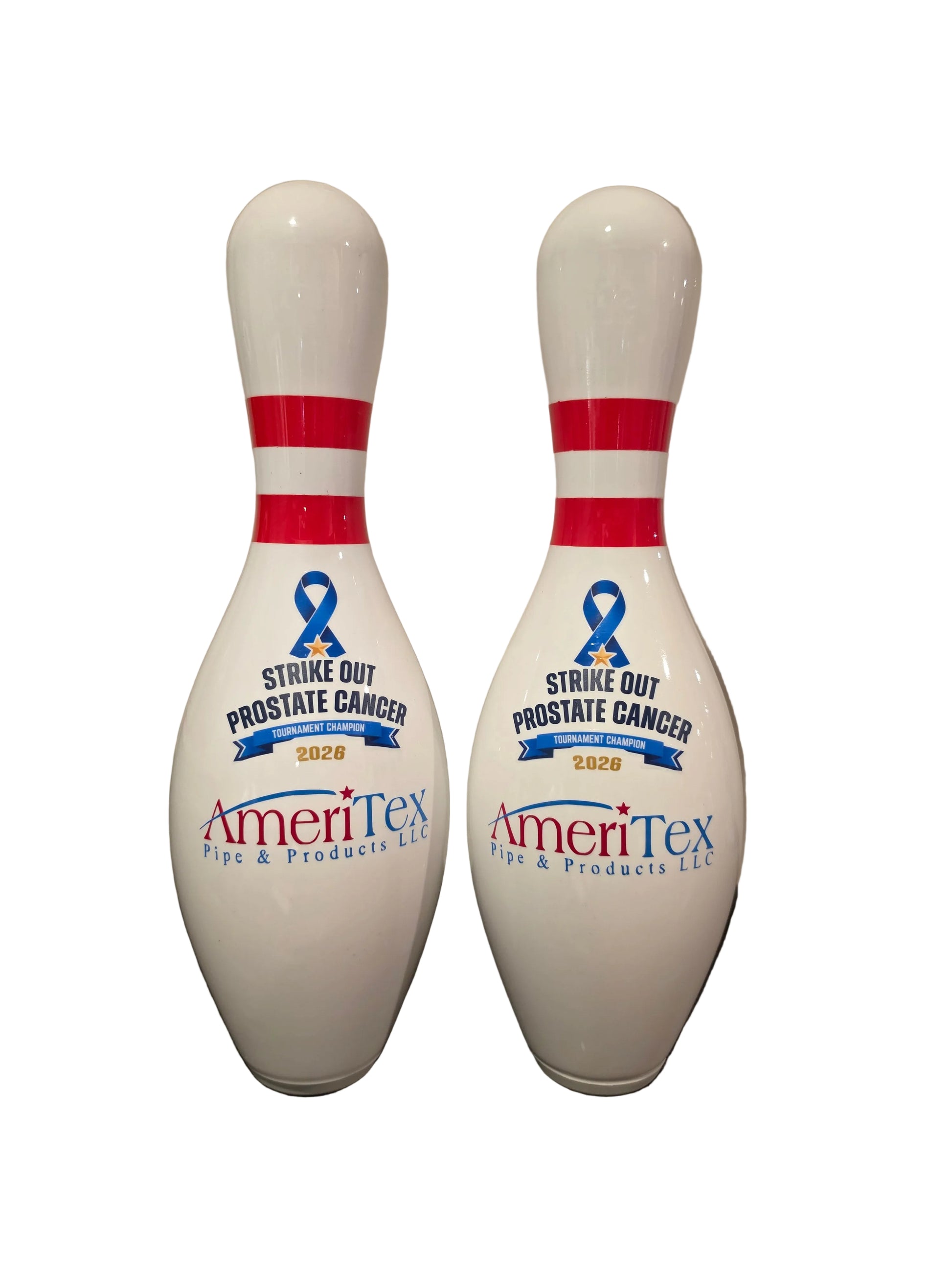 Two white custom bowling with blue ribbon graphics, printed with 'Strike Out Prostate Cancer 2020' and the AmeriTex logo.
