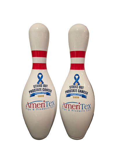 Two white custom bowling with blue ribbon graphics, printed with 'Strike Out Prostate Cancer 2020' and the AmeriTex logo.