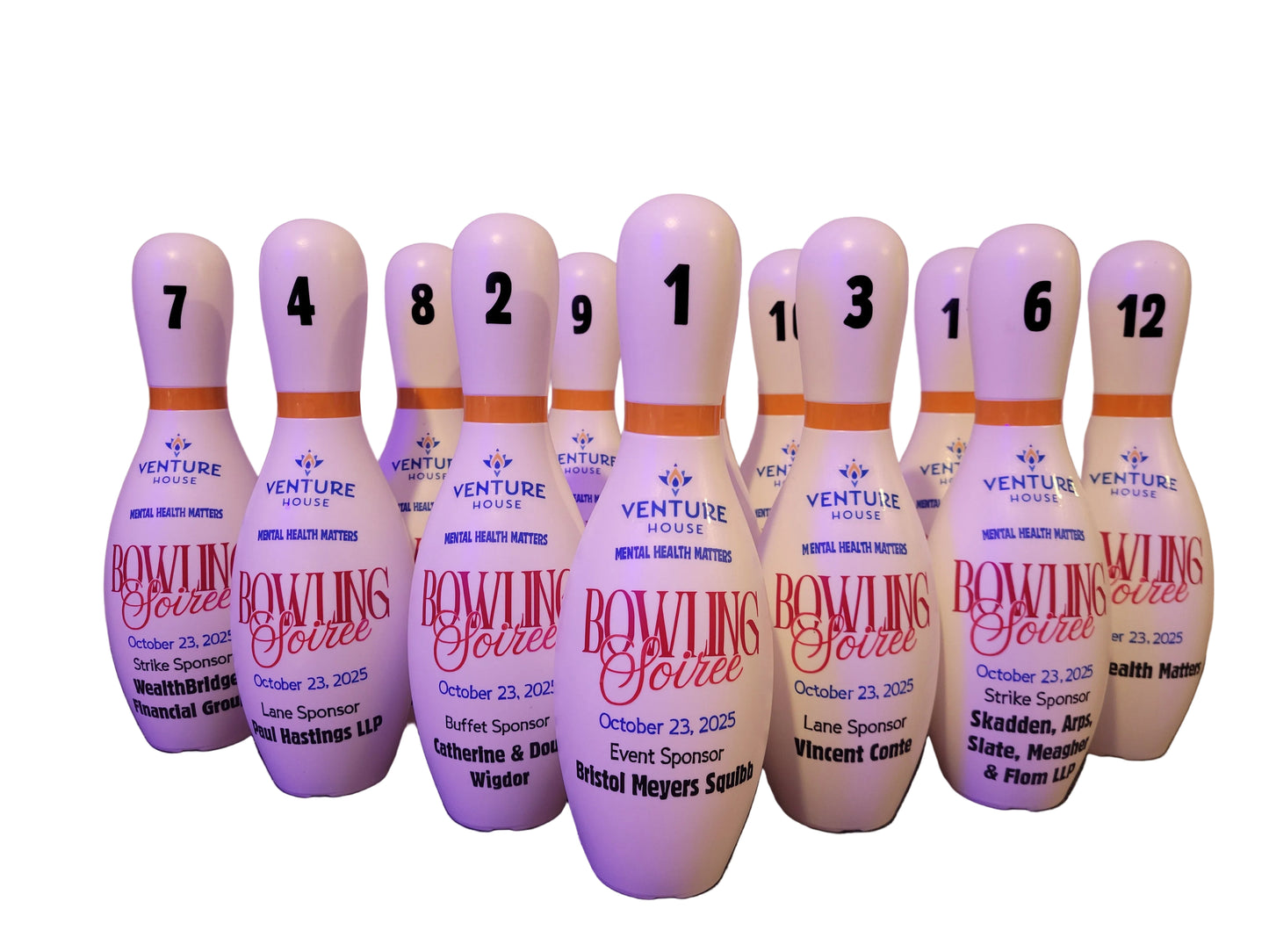 A set of custom bowling sponsor pins for a bowling event