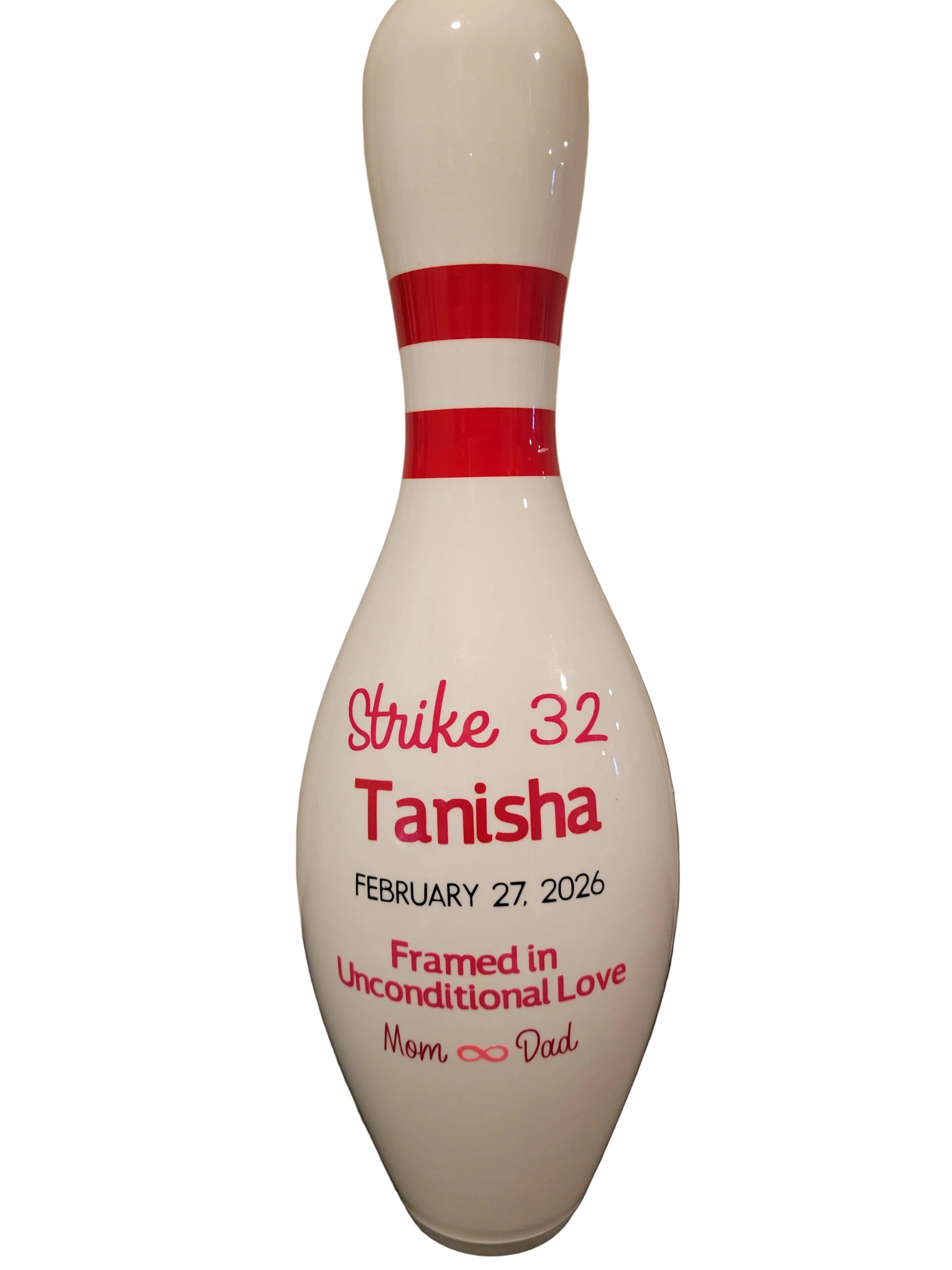 A white bowling pin keepsake.