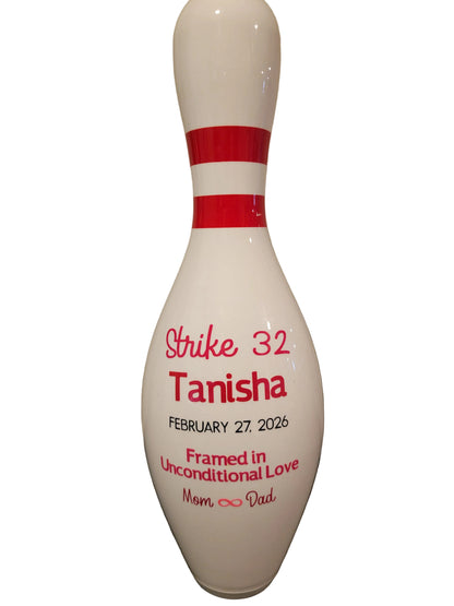 A white bowling pin keepsake.