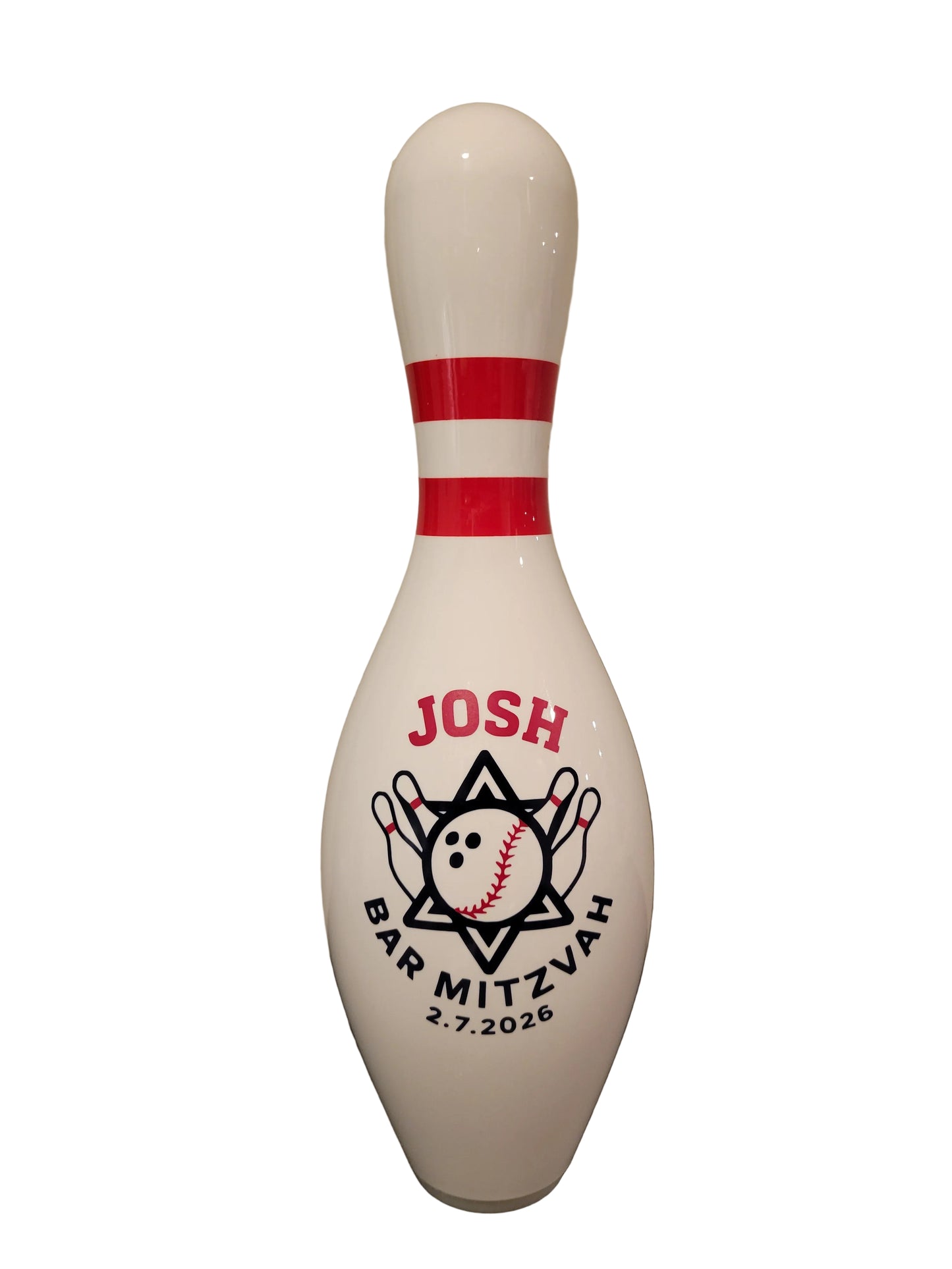 A white bowling pin customized for a Bar Mitzvah event.