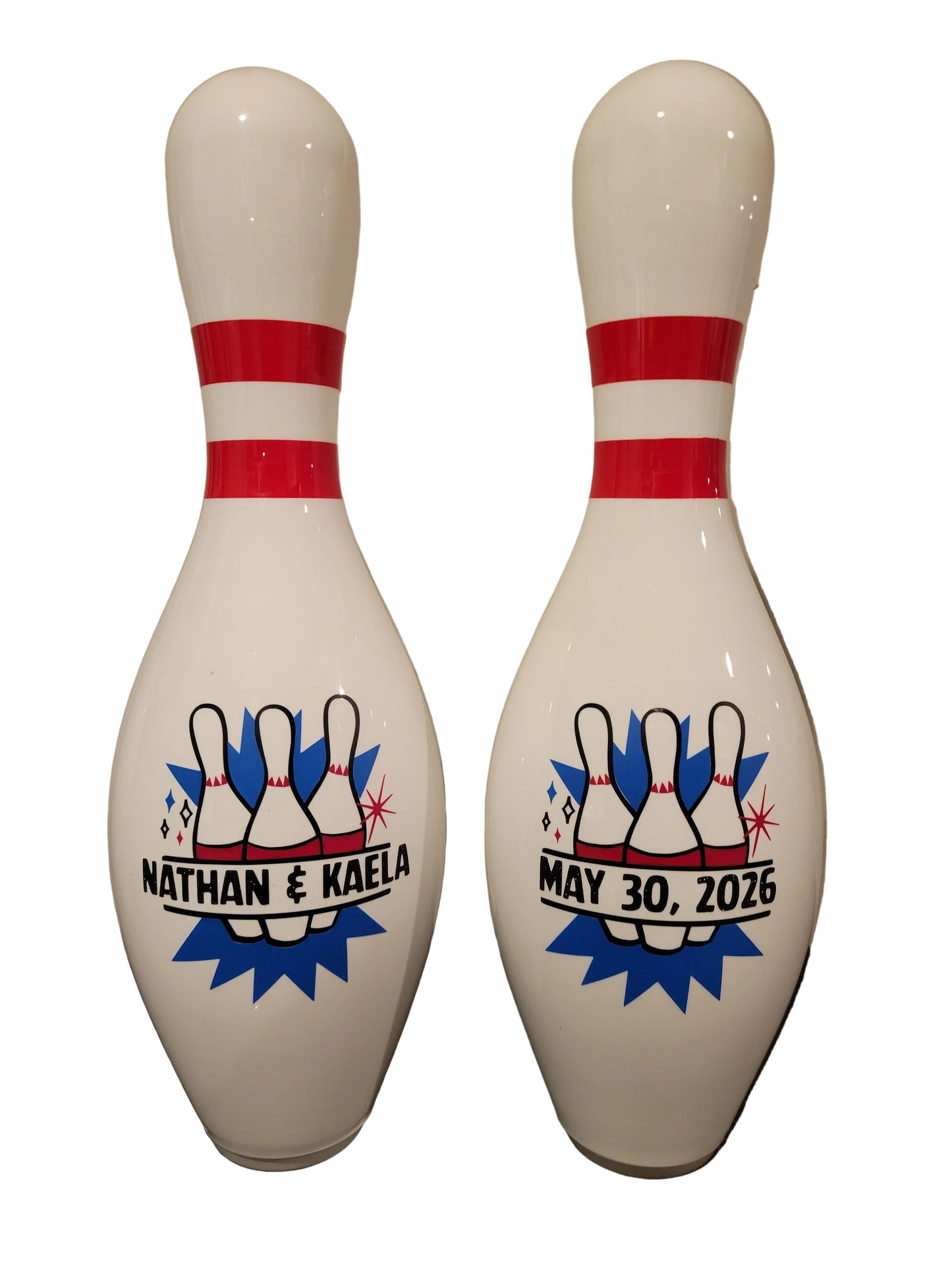 Two white bowling pin printed with a custom bowling graphic.