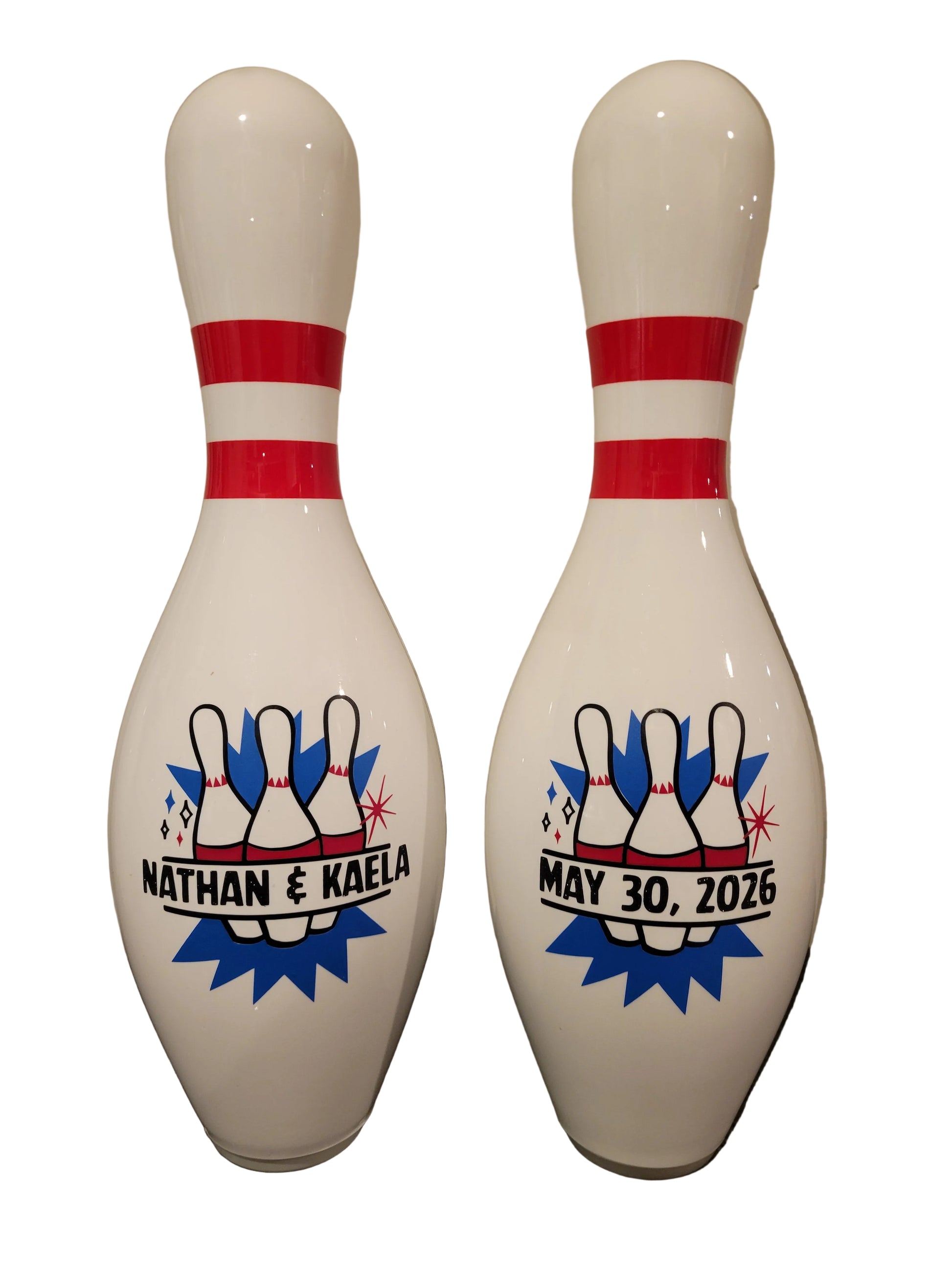Two white bowling pin printed with a custom bowling graphic.