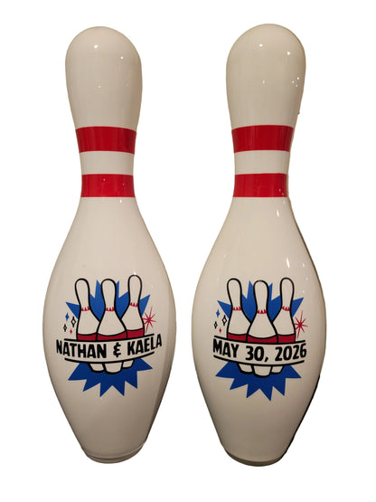 Two white bowling pin printed with a custom bowling graphic.